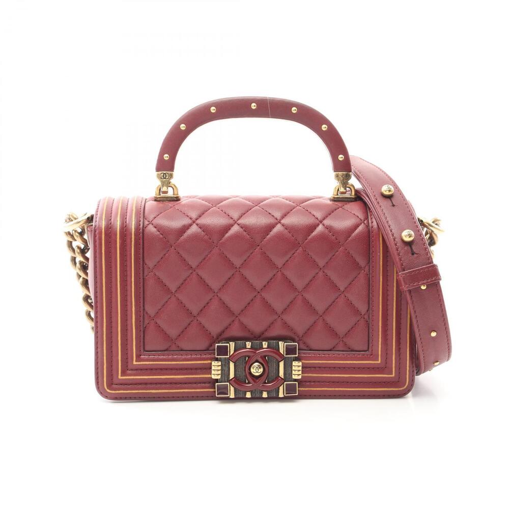 Chanel Boy Top Handle Flap Bag Shoulder Lambskin Leather Bordeaux Purple